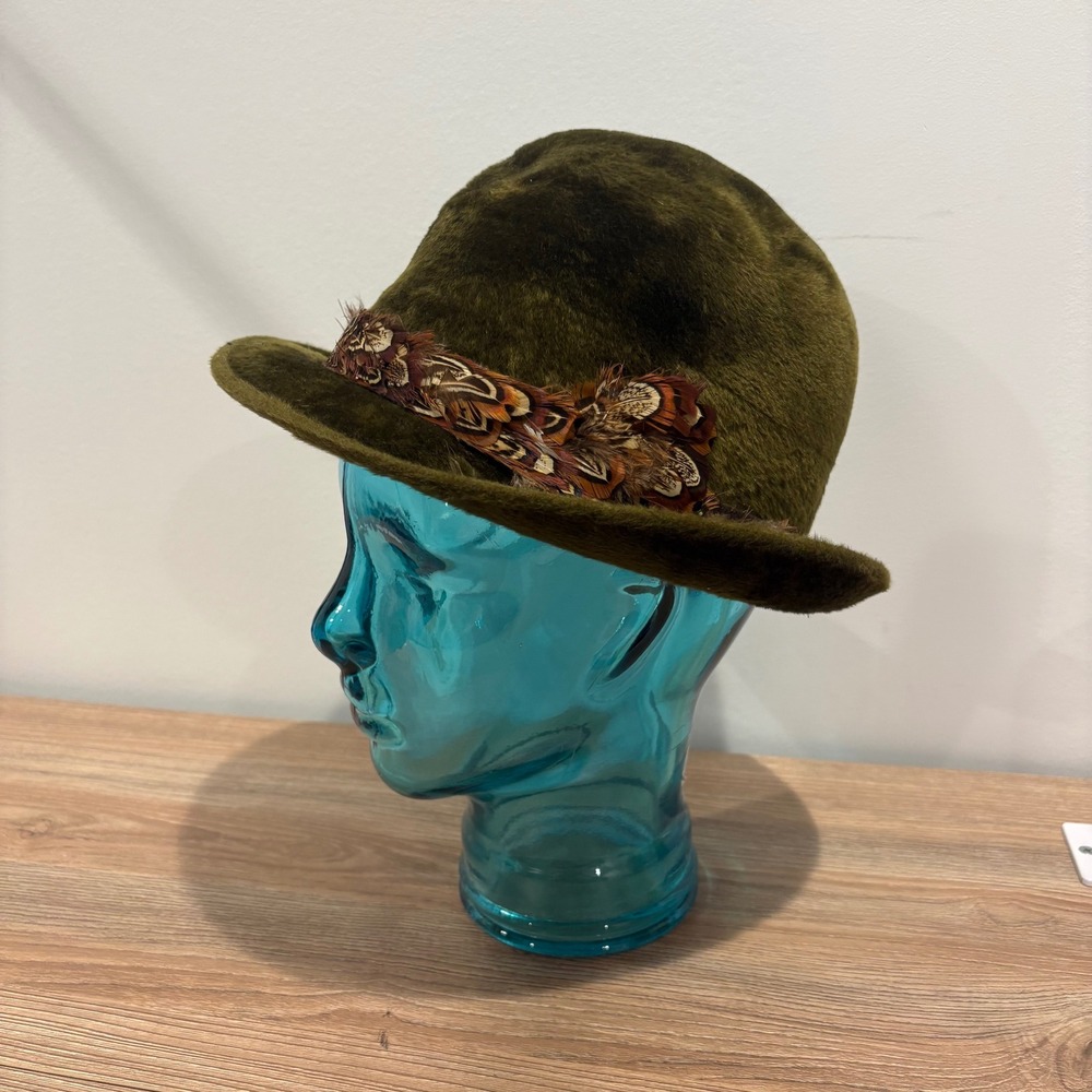 Herbert Johnson Vintage Bowler Hat Mens Olive Green Feather Band England